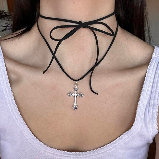 Personality Bow Bandage Cross Suede Rope Necklaces