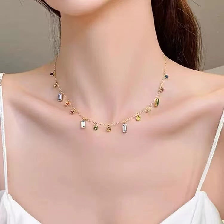 Titanium Steel Female Color Zircon Dopamine Clavicle Chain Design Necklaces