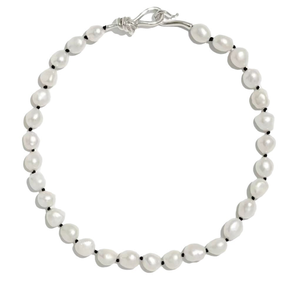 Women's Natural Pearl String Button Niche Design Retro Sier High-grade Necklaces