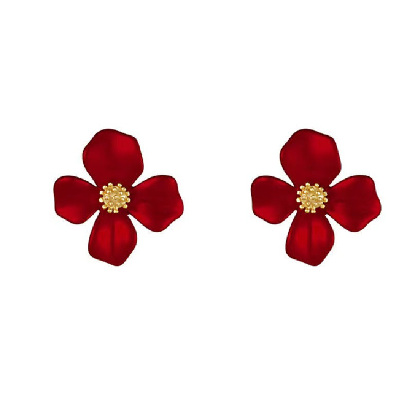Women's Red Petal Elegant High-grade Round Face Earrings