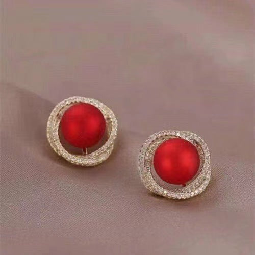 Women's Red Petal Elegant High-grade Round Face Earrings