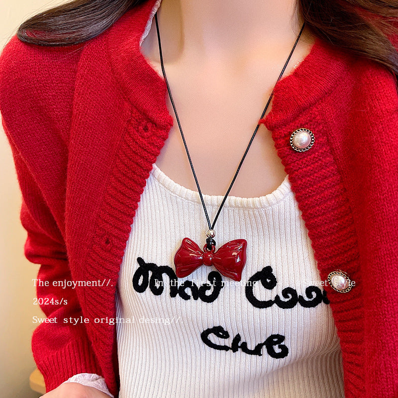 Women's Red Bow Love Minimalist Sweater Chain Necklaces