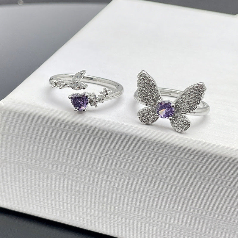 Women's Purple Diamond Butterfly Opening Light Luxury High-grade Sweet Rings