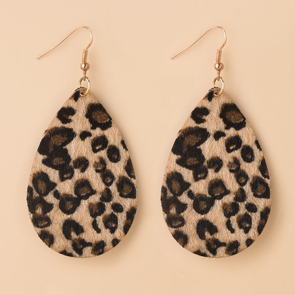 Women's Leather Horse Fur Print Hollow Water Earrings