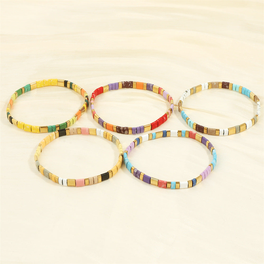 Women's Bohemian Design Bead Elastic Twin Color Bracelets