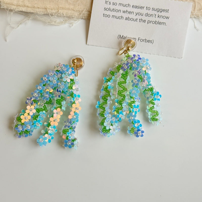 Imported Laser Flower Handmade Ear Clip Beaded Combination Earrings