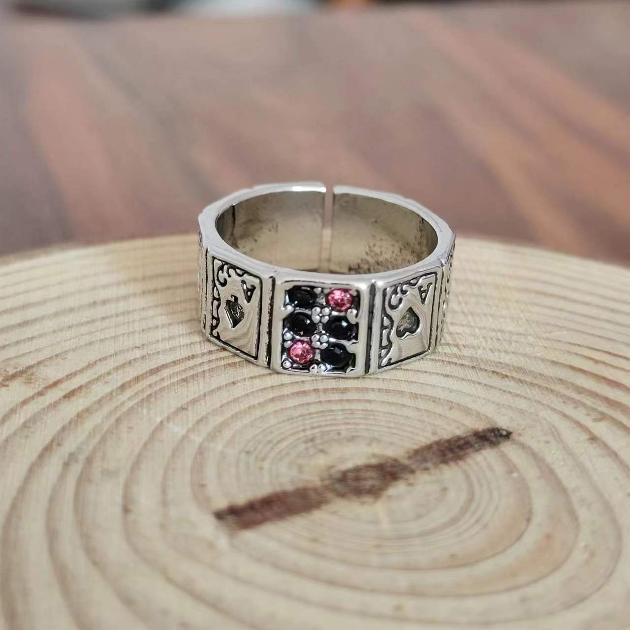 Peach Playing Card Retro Hip Hop Rings