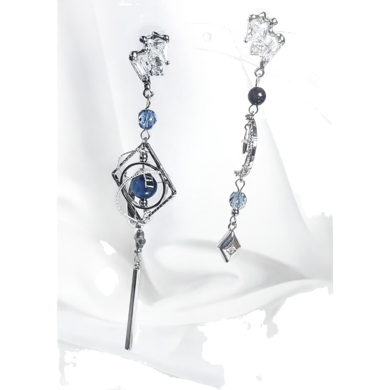 Royal Style Universe Star Sier Alloy Asymmetric Blue Crystal Stud Earrings