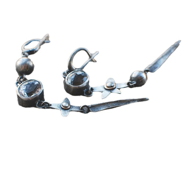 Geometric Ancient Sier-plated Long Rhinestone Tassel Retro Ear Hook