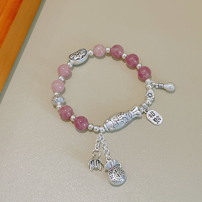 Women's Gray Agate Crystal Tassel Retro Tibetan Sier Longevity Lock Bracelets