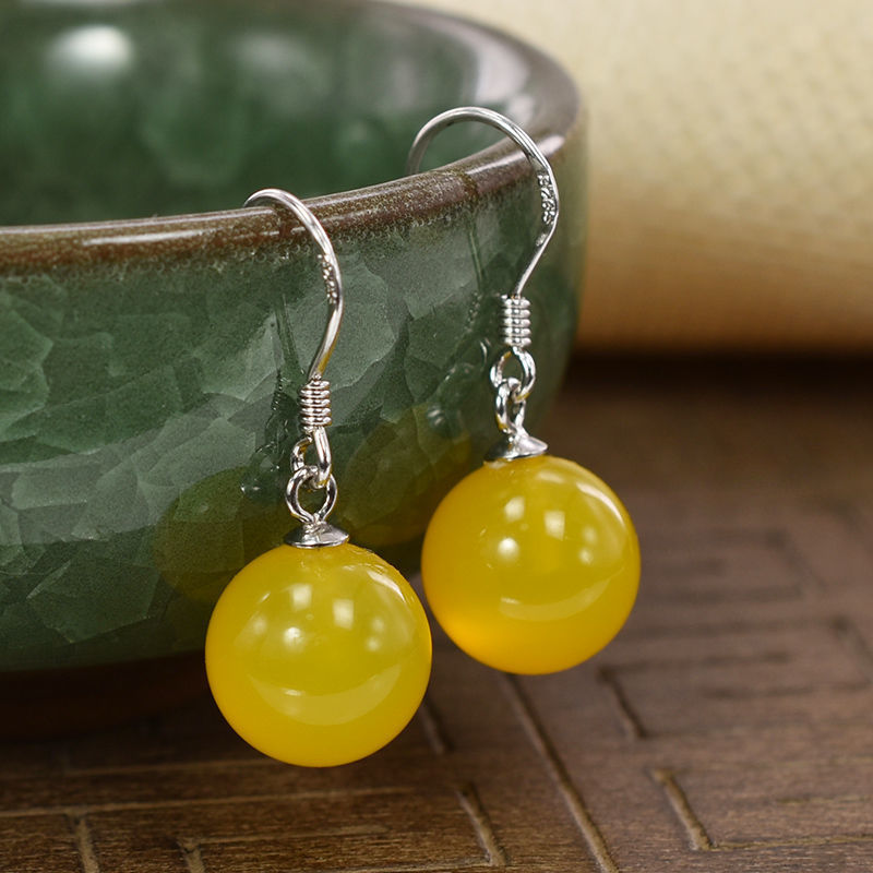 Women's Agate Sier Ear Hook Green Chalcedony Yellow Black Earrings