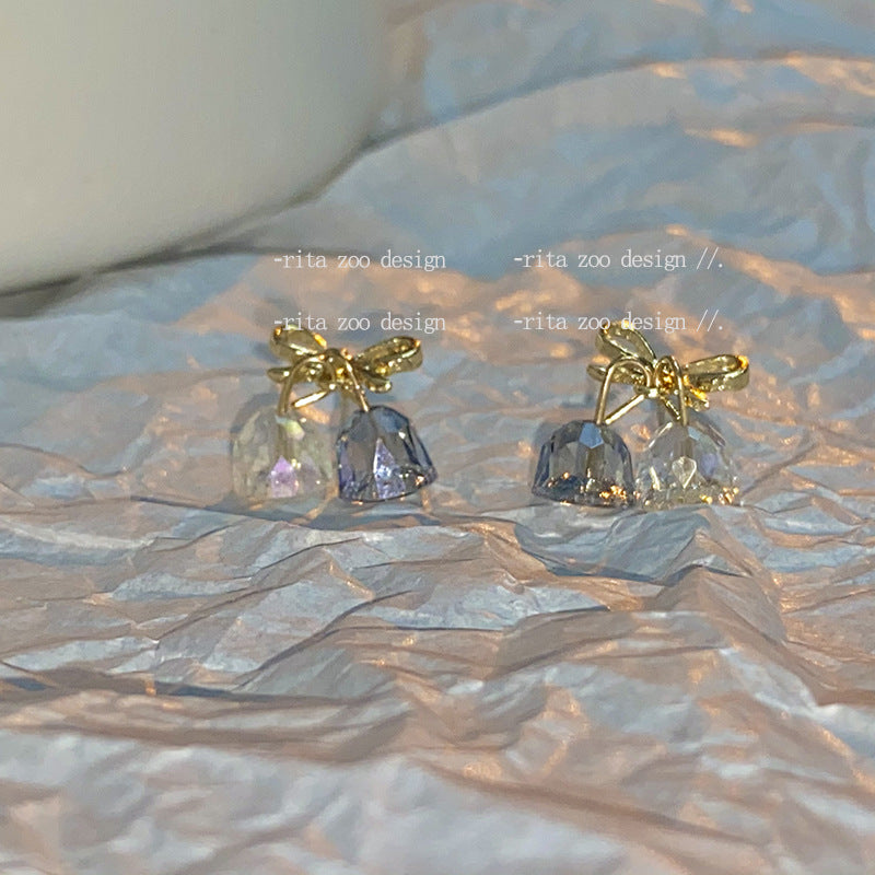 Crystal Christmas Exquisite High Sense Girlish Bow Bell Sier Earrings