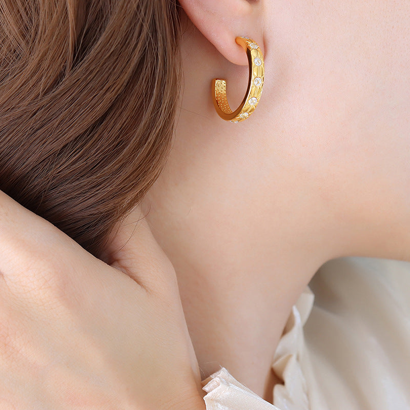 Inlaid Zircon Shaped Titanium Steel Gold Does Earrings