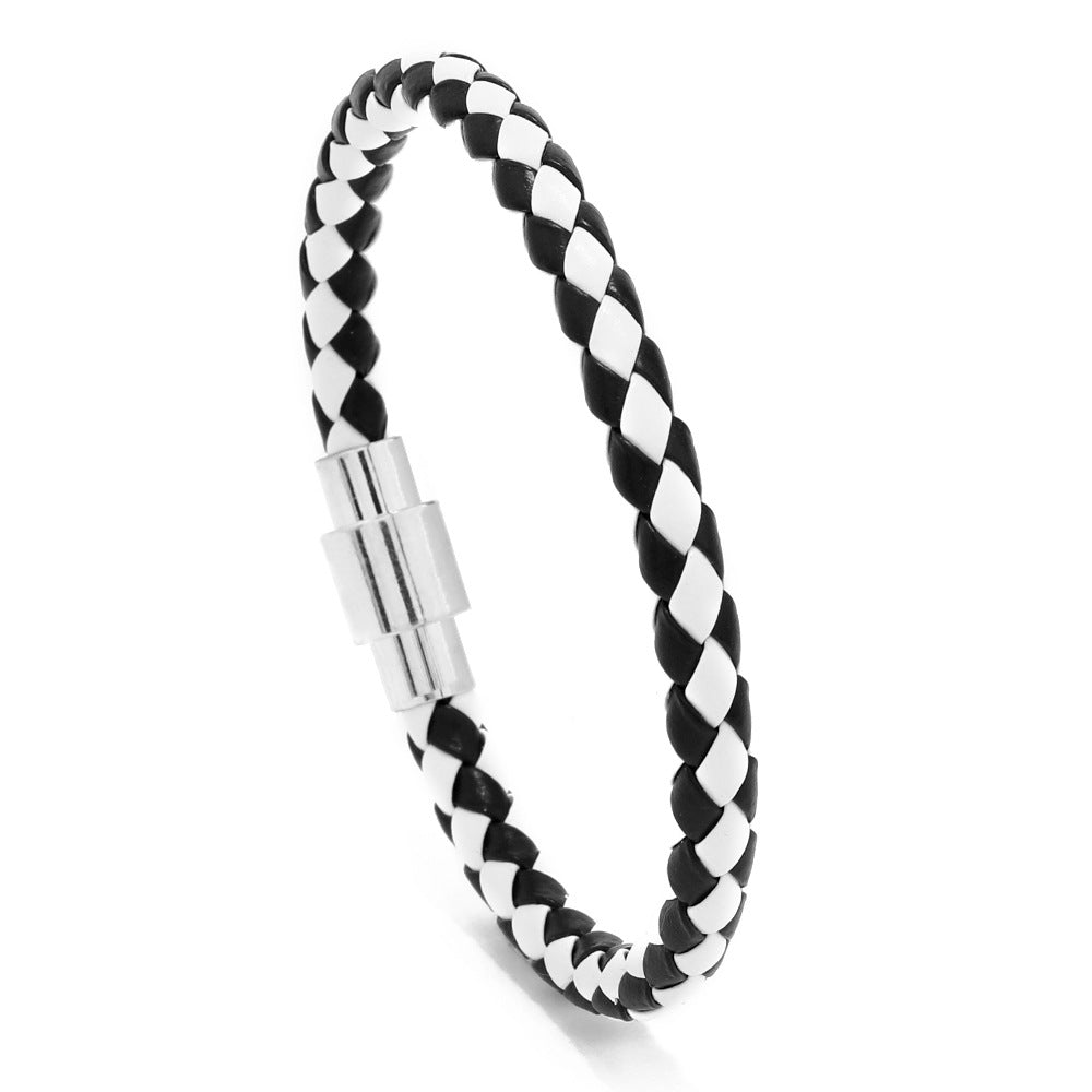 Men's Pattern Woven Leather Magnetic Buckle Simple Bracelets