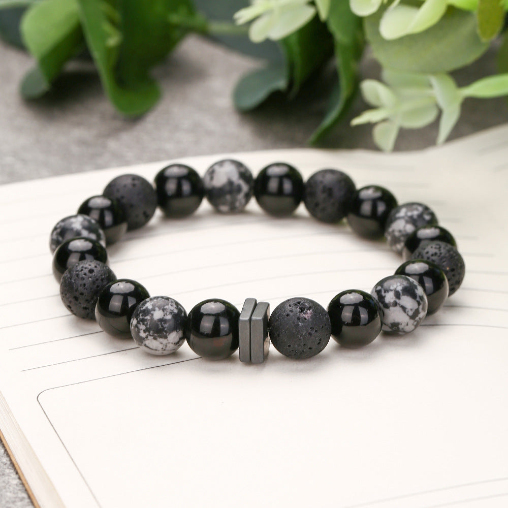 Women's & Men's Black Agate Haematite Snowflake Stone Design Bracelets