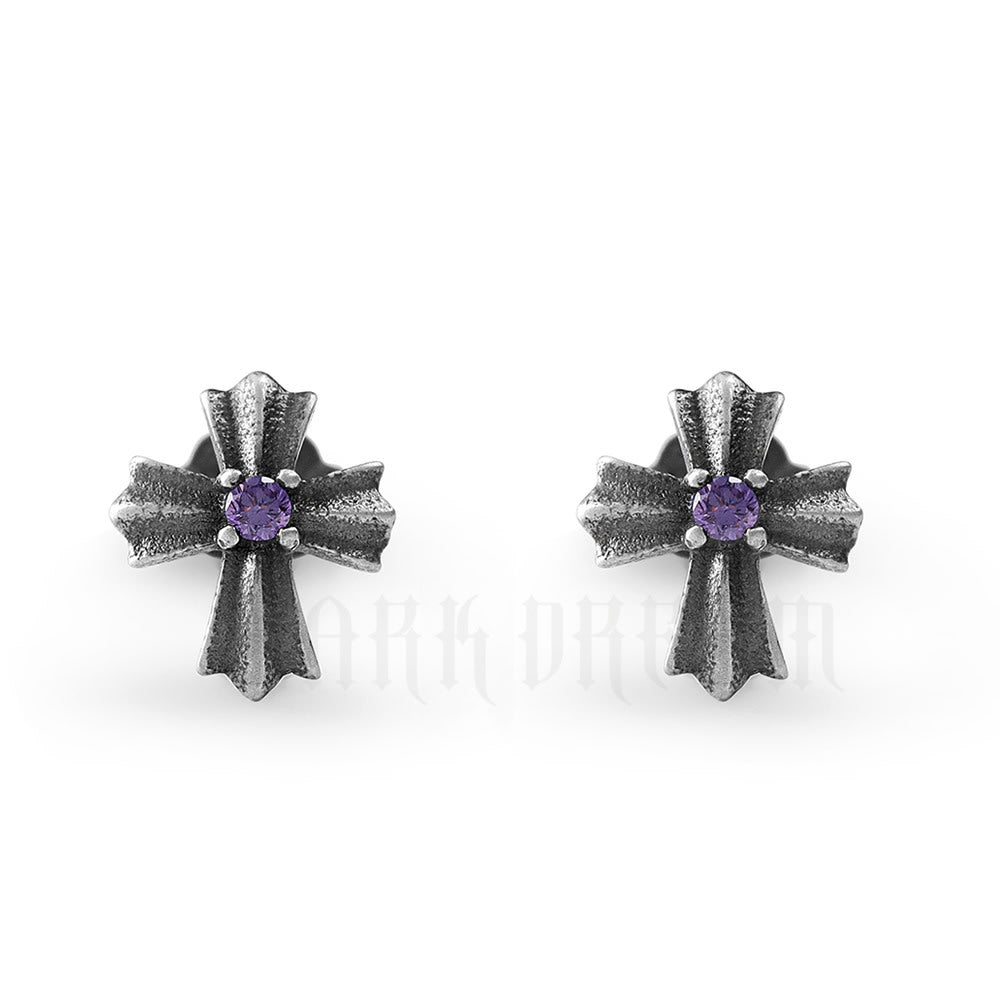 Entire Sterling Sier Retro Cross Purple Zircon Inlaid Distressed Light Stud Earrings