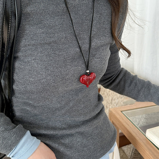 Women's Red Bow Love Long Black Leather Necklaces