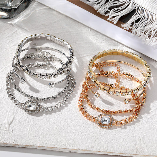 Punk Metal Chain Square Diamond Bangle Bracelets