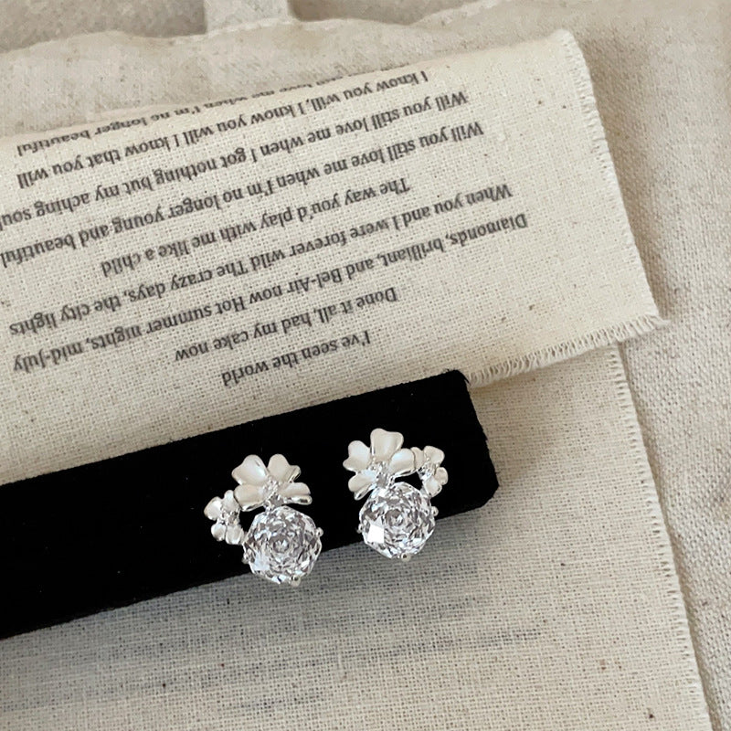 Women's Simple High-grade White Drop Oil Three-dimensional Petals Zircon Light Luxury Earrings