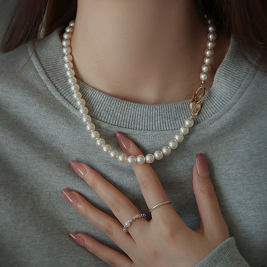 Women's Brass Buckle Sier Gray Round Pearl Necklaces
