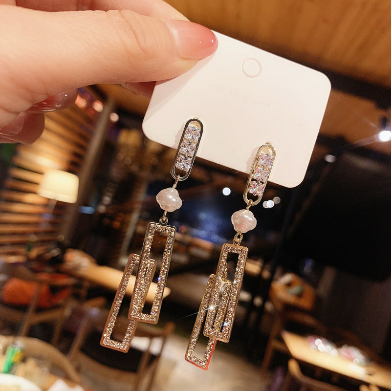 Tassel High-grade Sier Needle Metal Light Luxury Pearl Earrings