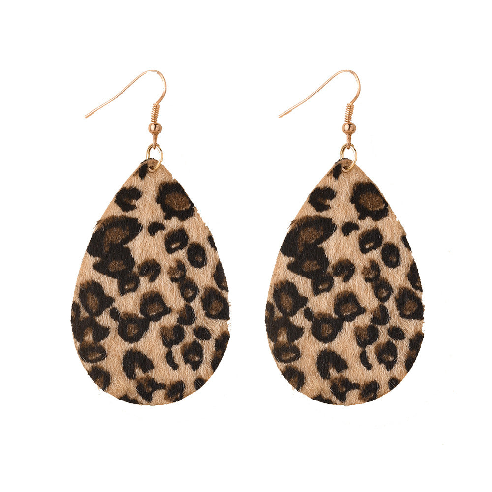 Women's Leather Horse Fur Print Hollow Water Earrings
