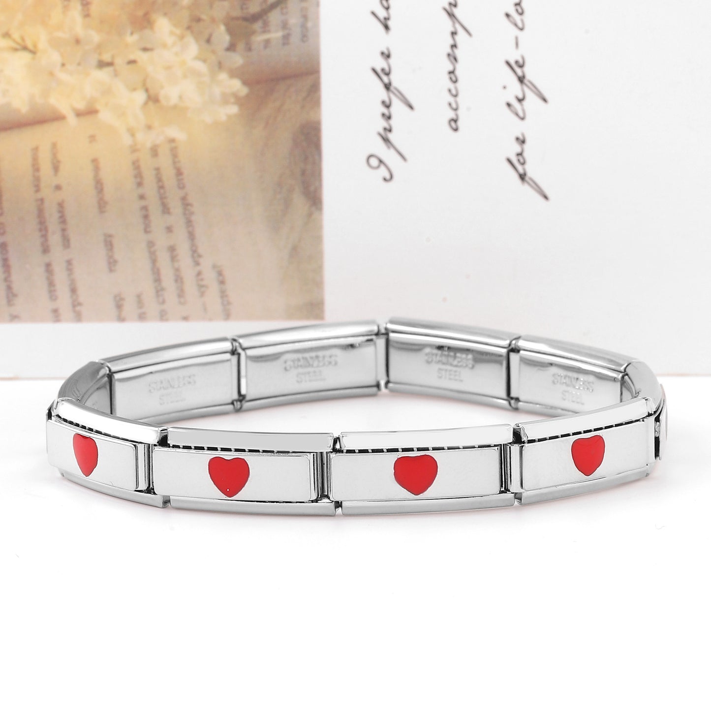Module Double Matching Red Heart Petals Color Stainless Steel Bracelets