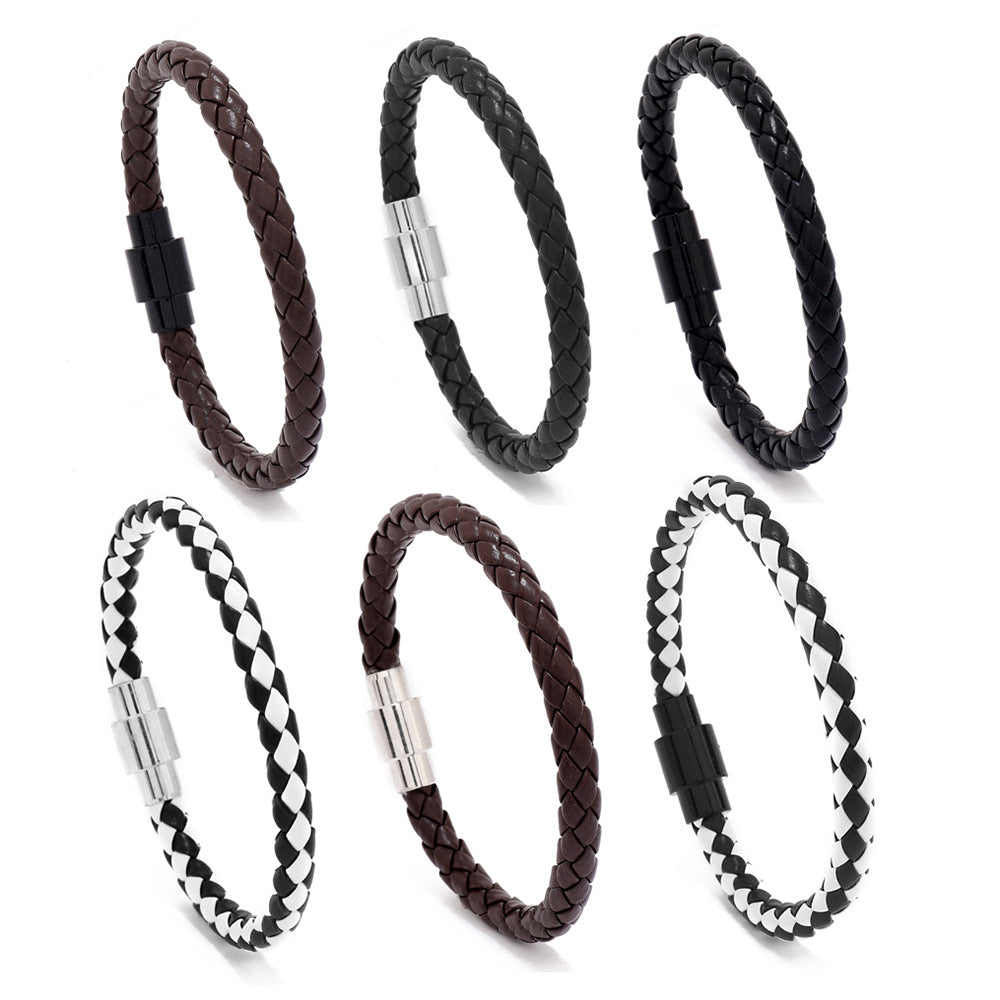 Men's Pattern Woven Leather Magnetic Buckle Simple Bracelets