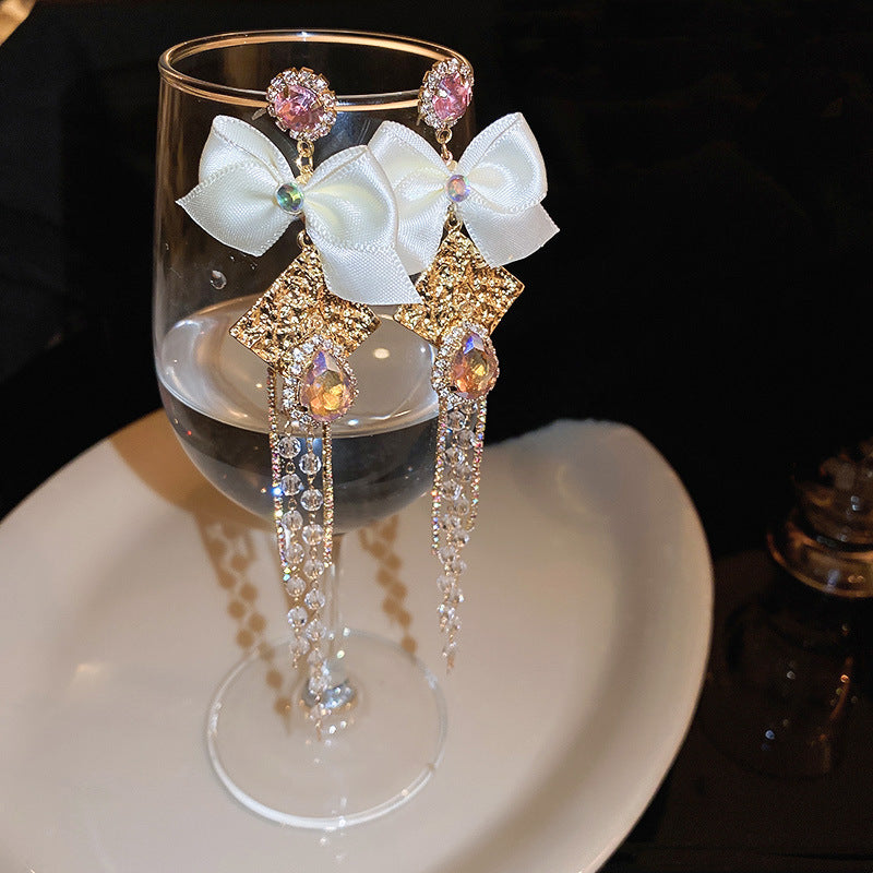 Women's Sier Butterfly Tassel Sweet Flowers Long Rings