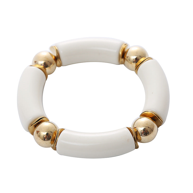 Thick Curved Tube Gold Beaded Stretch Bracelets