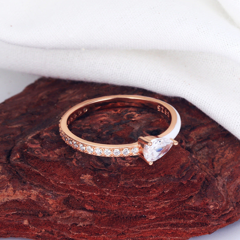 Women's Sier Heart-shaped Rectangular Zircon Cut Half Enamel Rings
