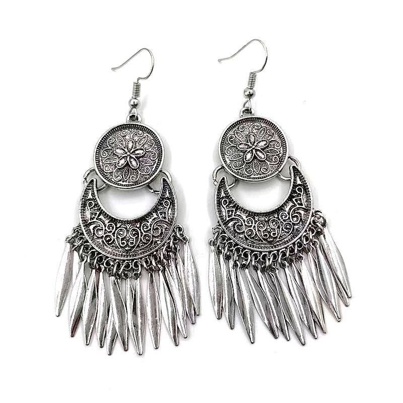 Bohemian Hollow Moon Carved Long Fringe Ear Hook