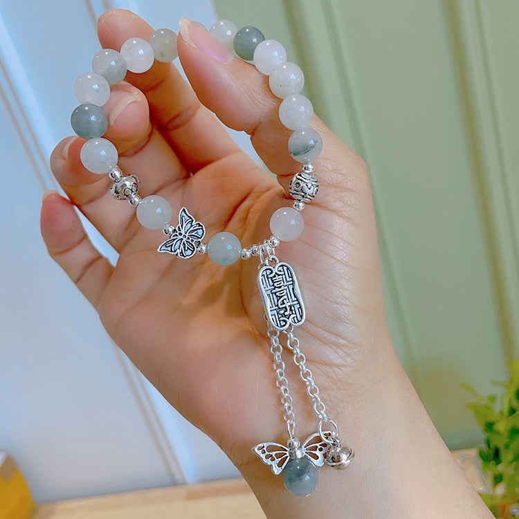 Women's Gray Agate Crystal Tassel Retro Tibetan Sier Longevity Lock Bracelets