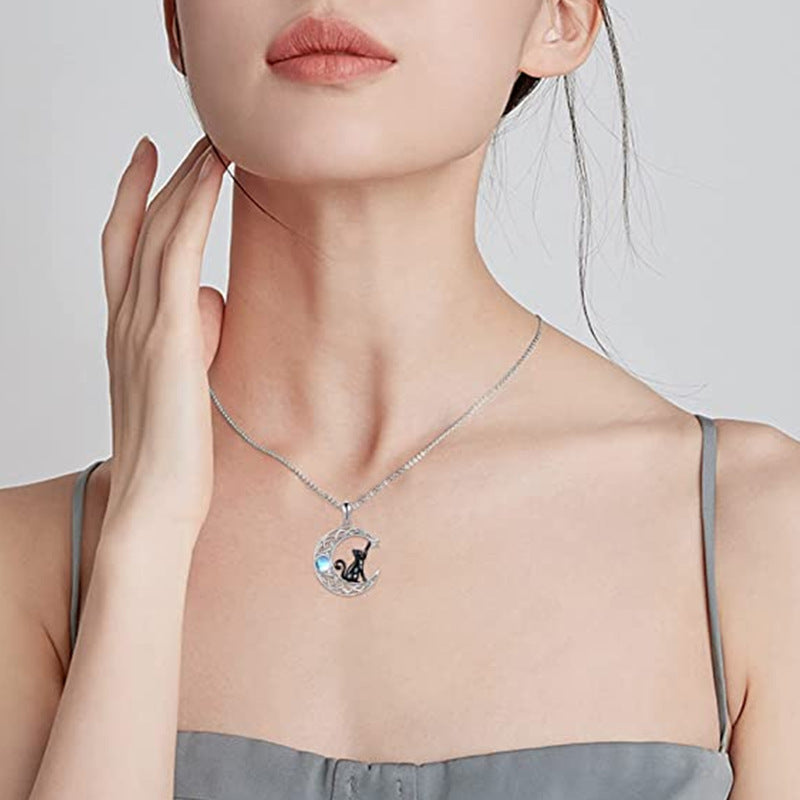 Creative Fashion Simple Moonstone Moon Black Cat Female Necklace