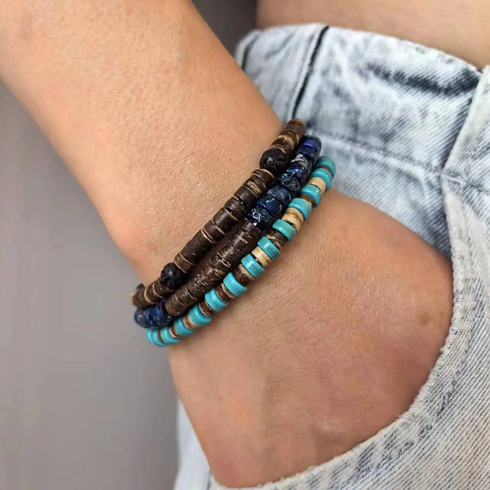 Natural Stone Wood Piece Coconut Shell Stretch Beaded Suit Bracelets