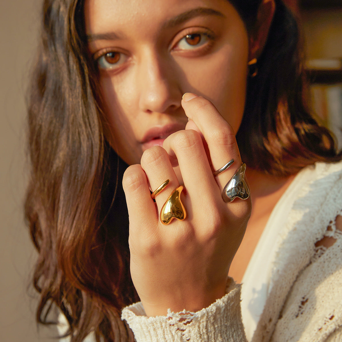 Style Gold Stainless Steel Heart-shaped Winding Open Rings