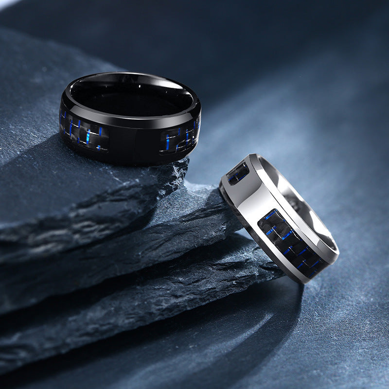 Men's Steel Blue Black Carbon Fiber Trendy Rings
