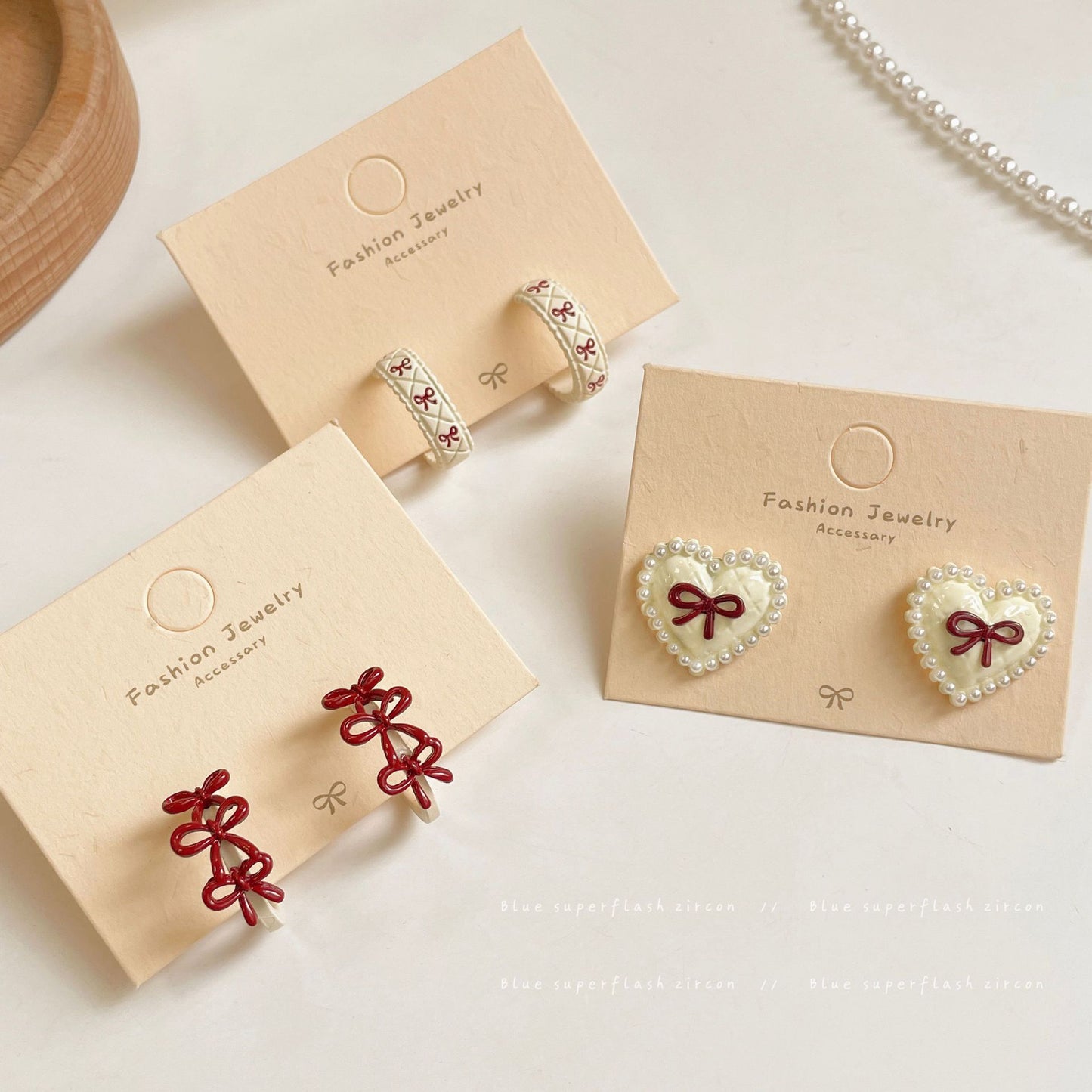 Women's Red Bow Love Heart Sier Needle Exquisite Retro Earrings