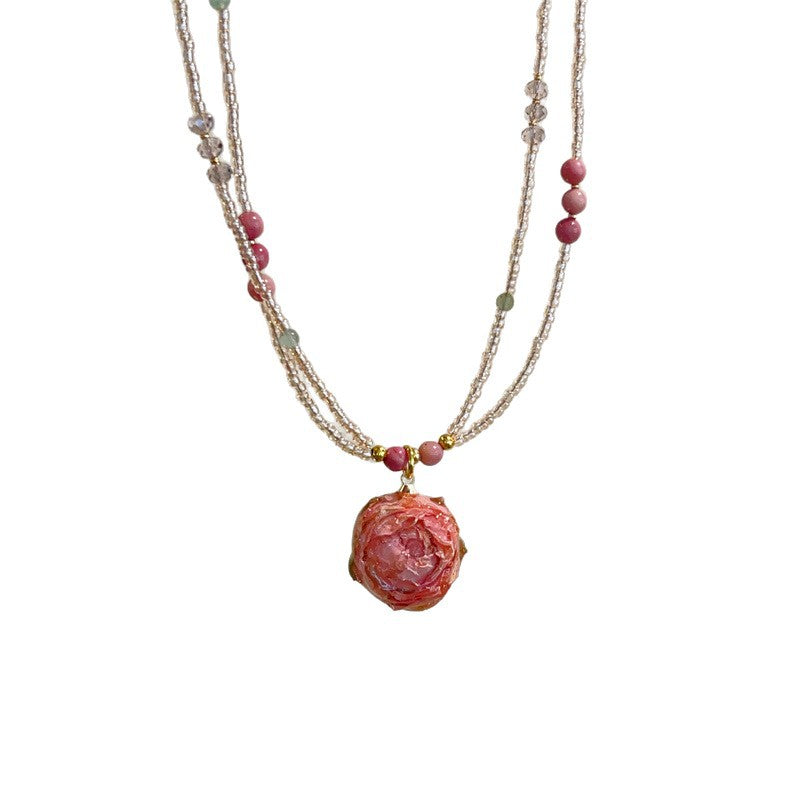 Czech Beads Real Flowers Rose Flower Vintage Twin Fresh Clavicle Necklaces