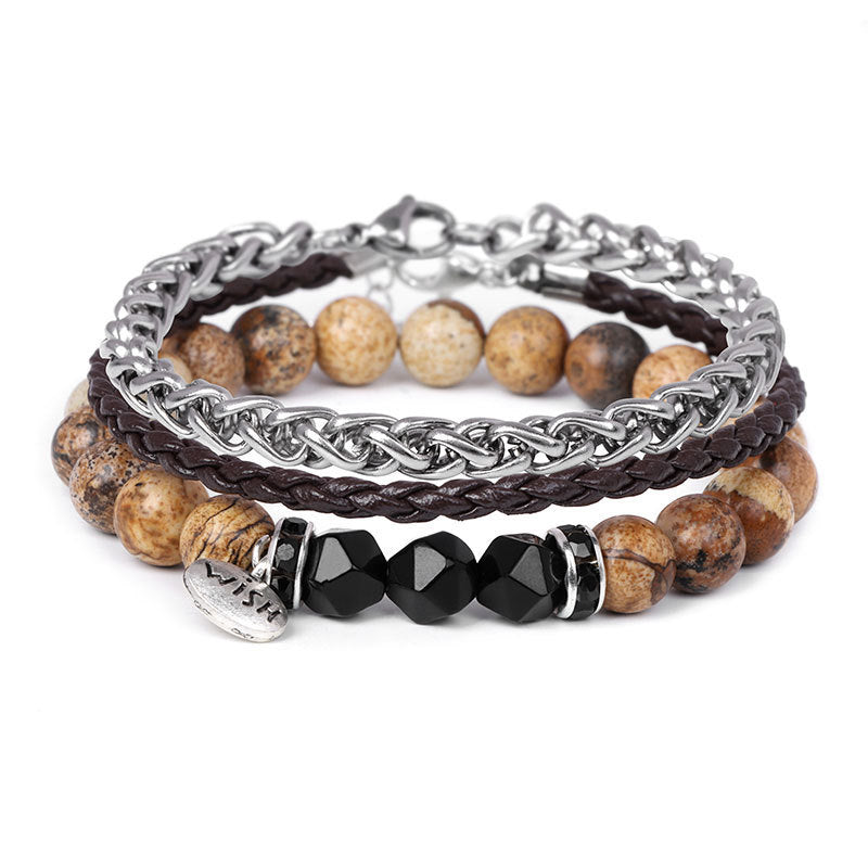 Men's Beads Hoop White Turquoise Leather Steel Bracelets
