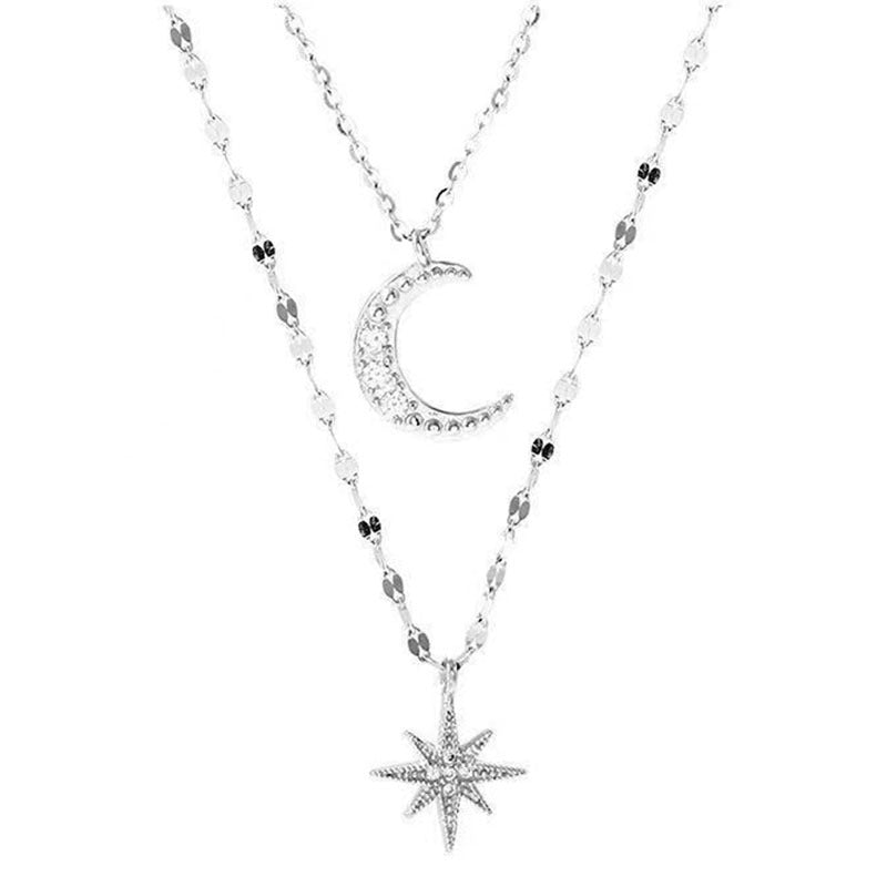 Style Sier Rhinestone Asterism Moon Niche Female Clavicle Chain Design Necklaces