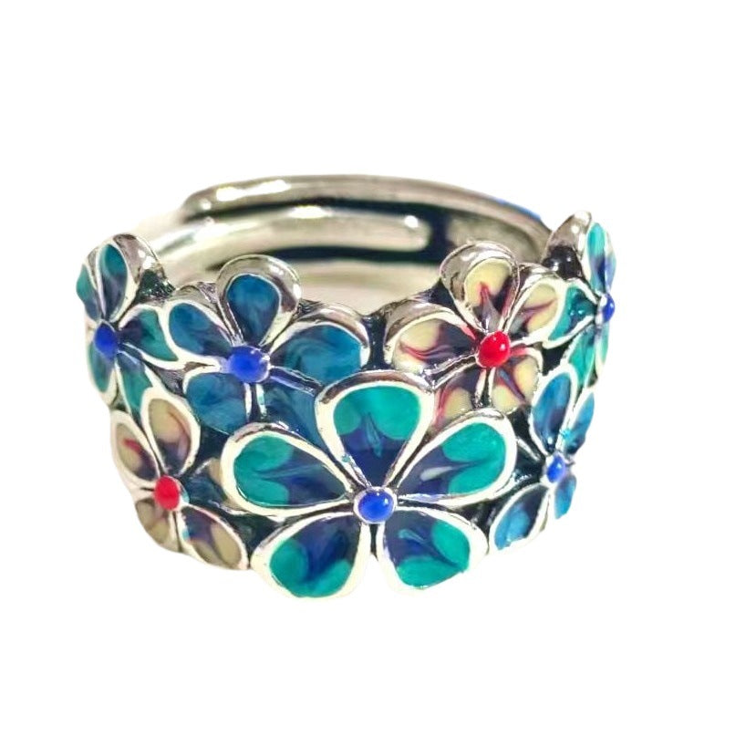 Enamel Brocade Female Elegant Retro Ethnic Style Open Adjustable Creative Rings