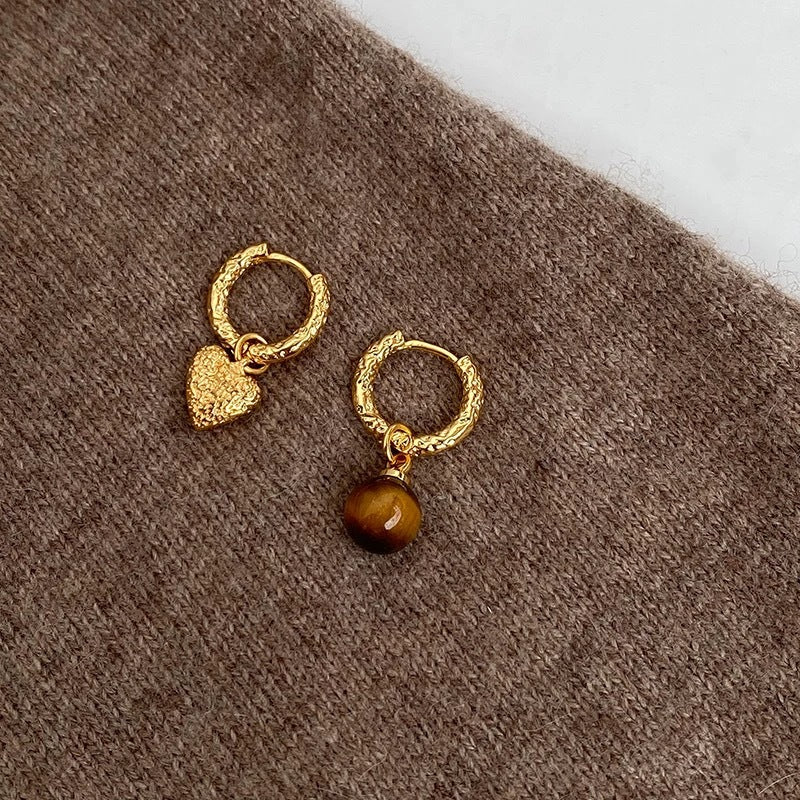 Tigereye Sier Needle Double Ball Texture Earrings