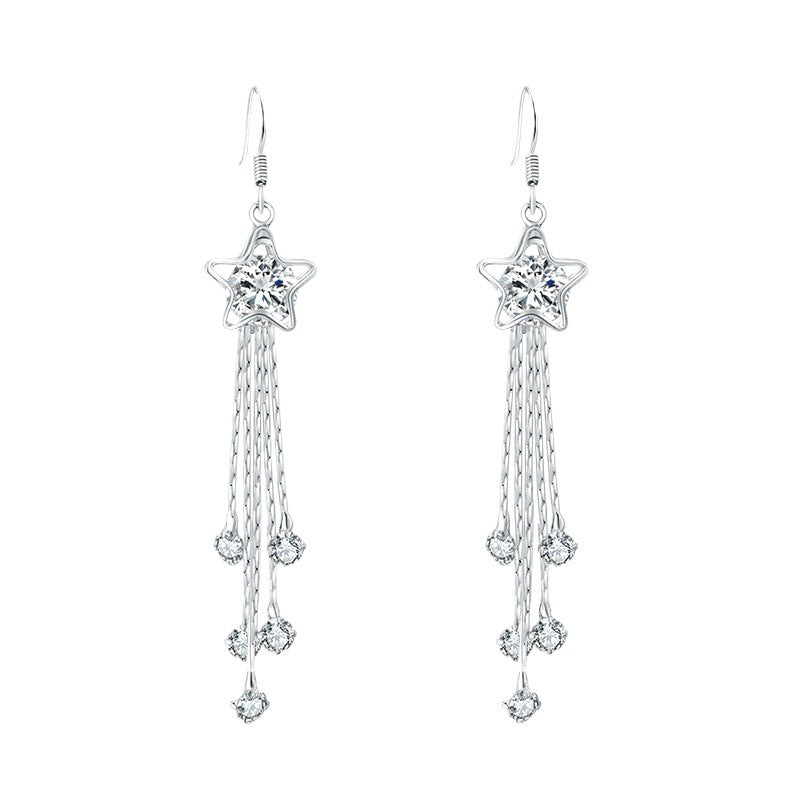 Women's Sier Needle Pentagram Tassel Graceful Long Earrings