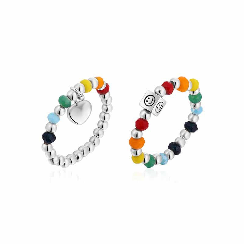 Colorful Beaded Female Rainbow Smiley Face Love Heart Simplicity Index Ring