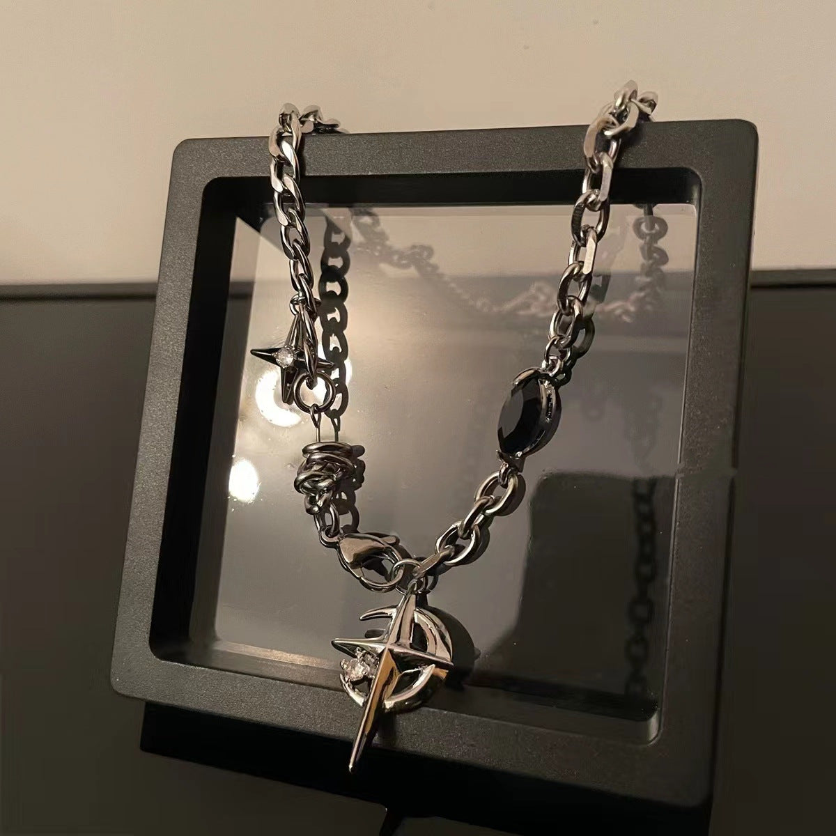 Men's Onyx Star Moon Fashionable High Sense Street Design Clavicle Chain Necklaces