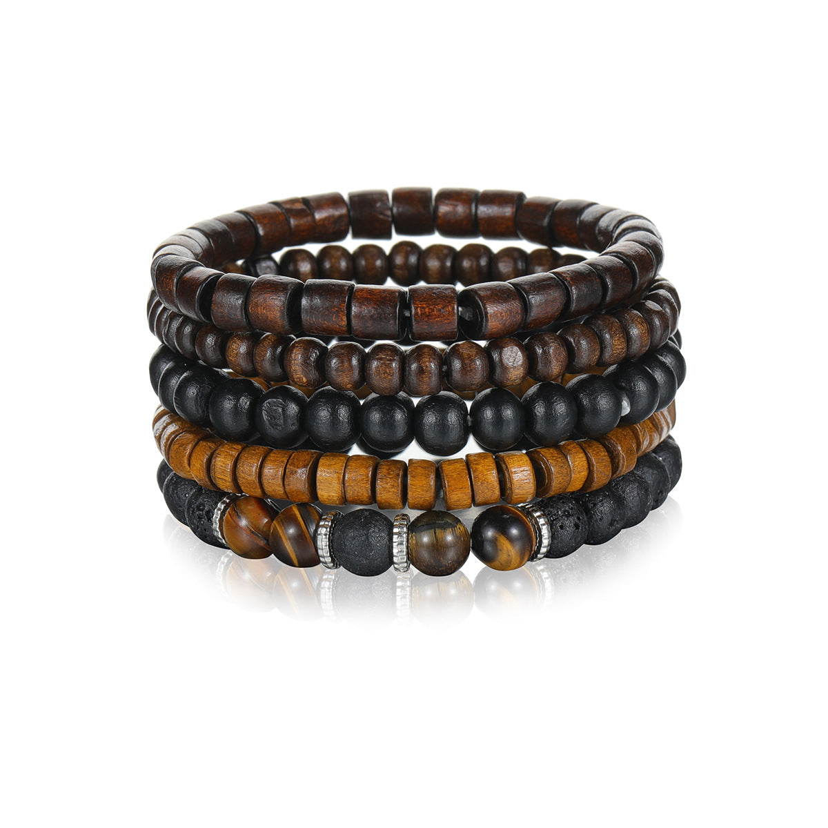 Men's Volcanic Rock Tigereye Wooden Bead Stretch Bracelets