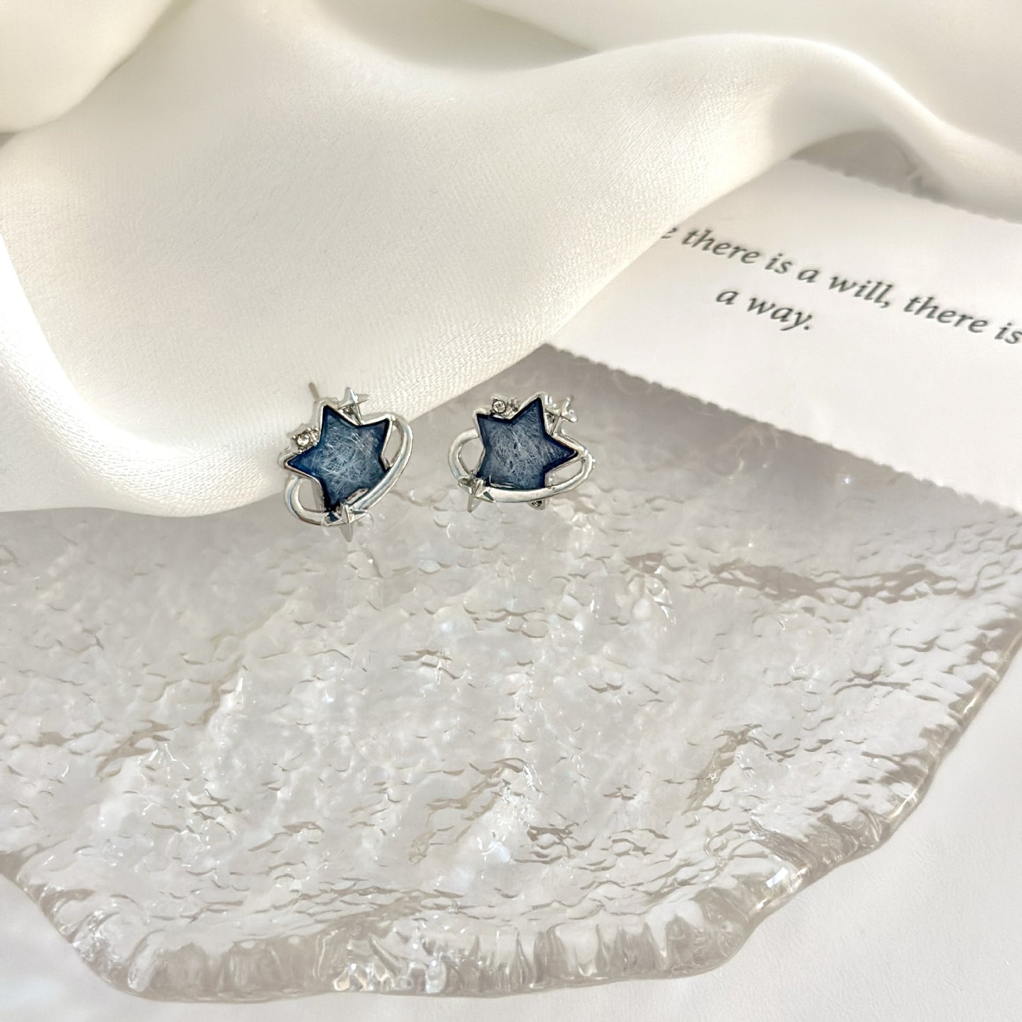 Women's Sier Needle Blue Star Ear Niche Earrings