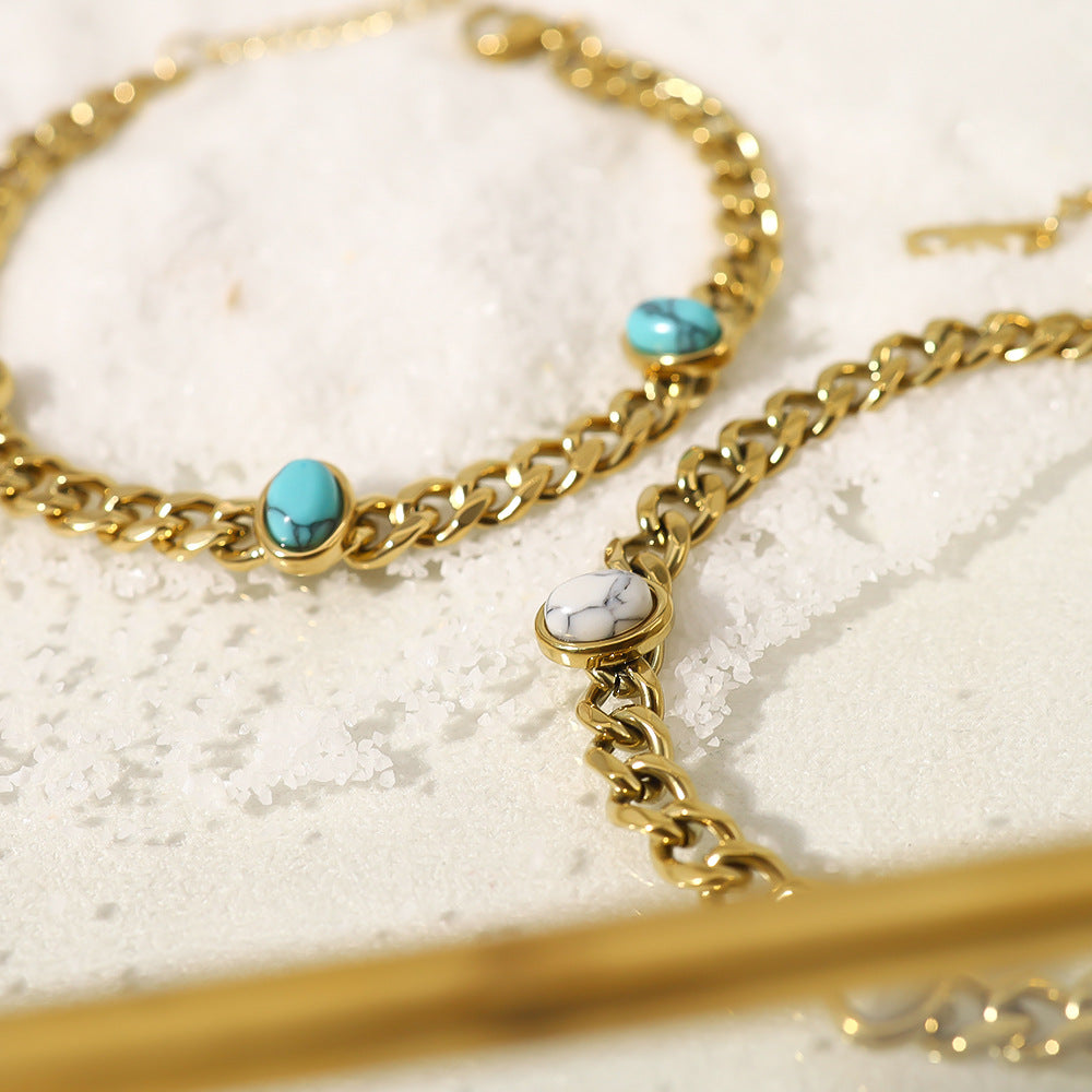 Natural Stone Mosaic Oval Turquoise Titanium Bracelets