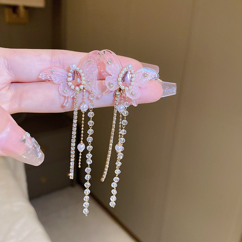 Women's Sier Butterfly Tassel Sweet Flowers Long Rings